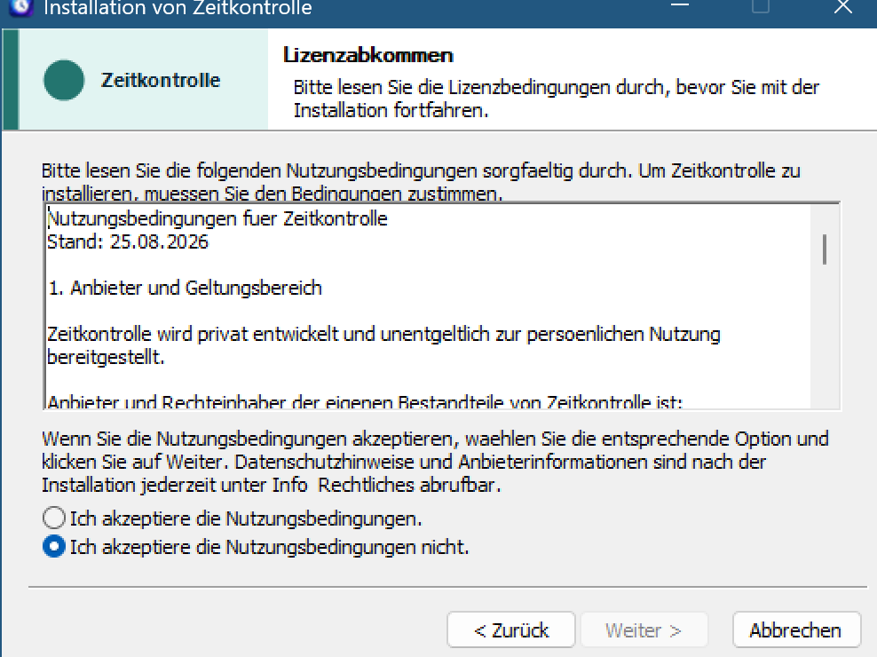 Nutzungsbedingungen im Installationsassistenten